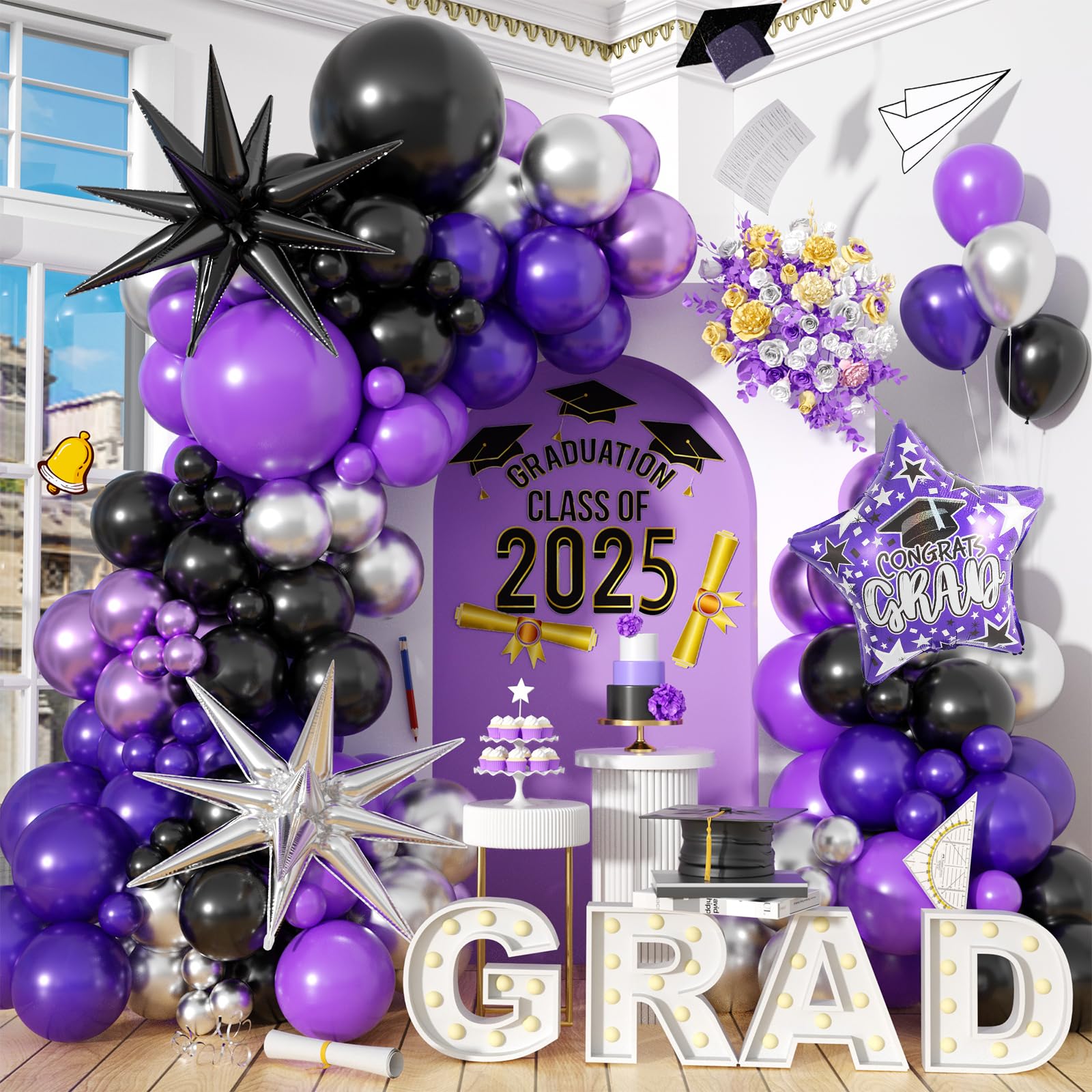 118Pcs Purple Black Silver Bal - Balloon Arch Kit 评论和价格